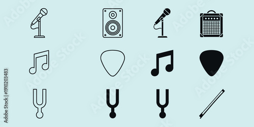 Black and white music on light blue background music microphones guitar pick musical notes