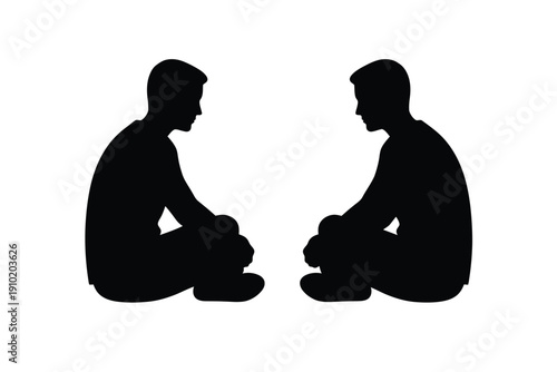 Silhouetted men facing each other in contemplative pose with dramatic lighting on white background for mental health awareness