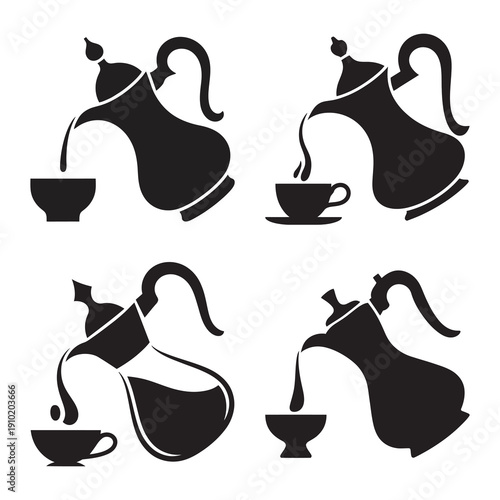 Four black silhouettes of coffee pots and teapots pouring liquid into cups and mugs