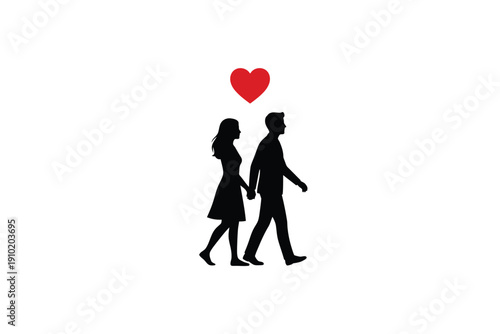 Couple Walking Hand in Hand with Heart Symbol in Simple Minimalist Black Silhouette on White Background for Love