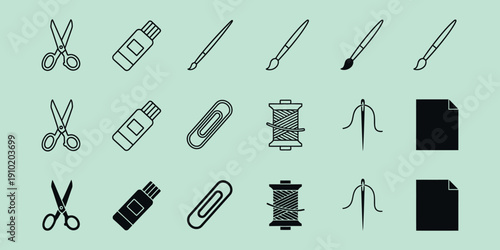 Black and white of office and supplies on mint green background scissors paintbrushes glue bottle