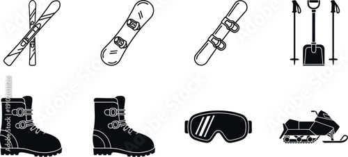 Black and white of various winter sports equipment skis snowboard ski boots goggles snowmobile