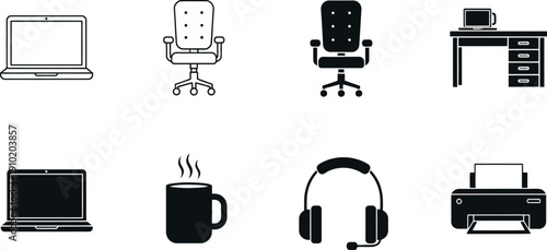 Black and white office including laptops computers chairs desk printer and accessories workspace