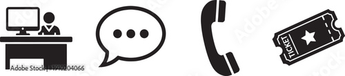 Black and white icons of office communication and ticket concept