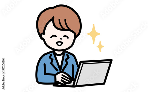 PCを操作しながらITソリューションを提案する女性。信頼感のある青い制服のビジネス素材。