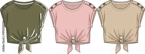 Three Sleeveless Tie Front Tops in Olive Green, Pink, and Beige with Button Shoulder Detail t-shirt