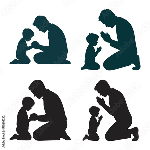 Silhouettes of a father and son kneeling and praying together, illustrating family faith and devotion