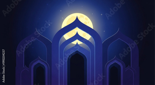 Mosque silhouette and full moon background