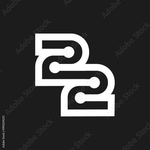 Stylized Number 22 Graphic Design. Modern geometric white digits with circuit-like elements on a black background.