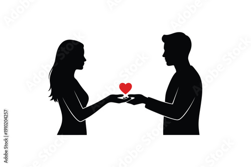 Couple Exchanging Heart Silhouette in Simple Minimalist Design with Red Accent for Valentines Day