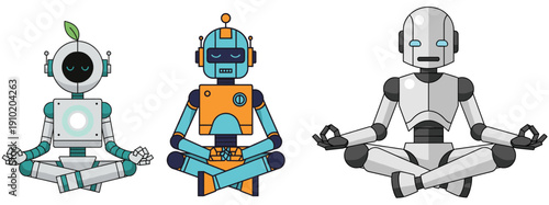 Three distinct cartoon robots in various styles, meditating peacefully in a lotus pose, symbolizing artificial intelligence and mindfulness.