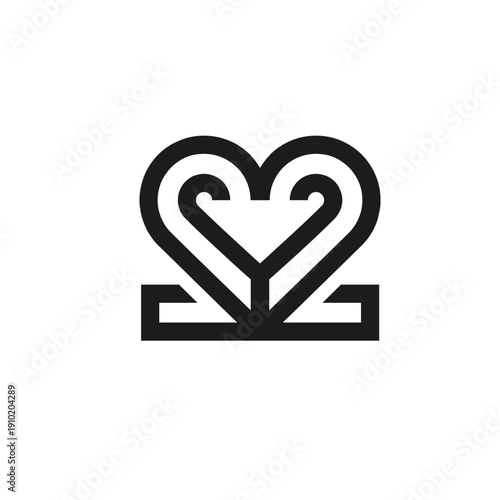 Abstract Stylized Heart Logo Design with Geometric Base in Black and White Line Art