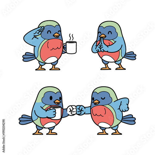Cartoon bluebirds showing morning routine with coffee and phone on white background
