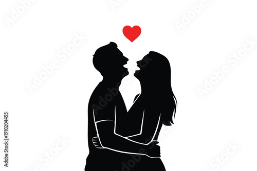 Couple Embracing in Romantic Silhouette with Heart Symbol in Simple Minimalist Design for Valentines Day