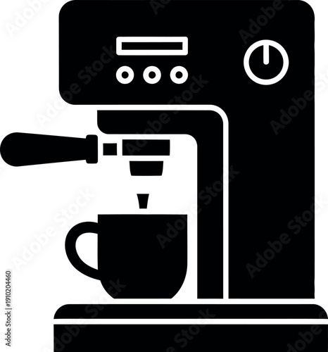 Black coffee machine with white outline pouring coffee into cup coffee maker espresso machine