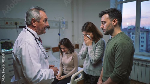 doctor discussing results with worried couple in bedside hospital room at dusk, female patient wipes tears, male partner stands supportive, older physician speaks calmly while monitors