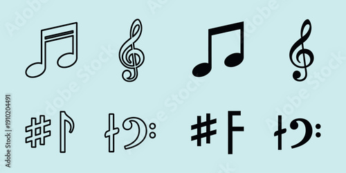 Black eighth note eighth rest treble clef bass clef sharp flat natural music symbols on cyan background
