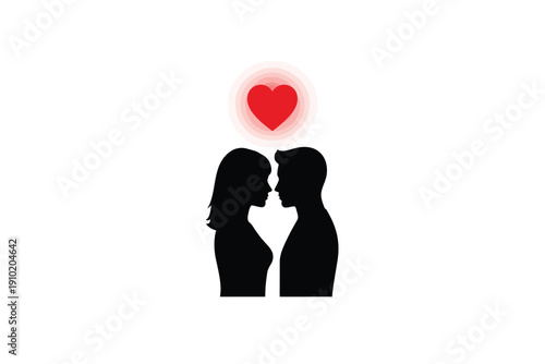 Couple Kissing with Heart in Simple Silhouette Style with Bold Black and Red Colors on White Background for Valentines Day