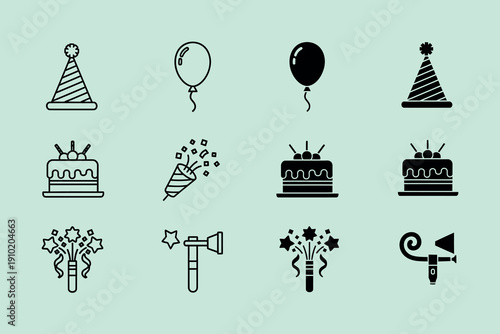 Black line of birthday party on mint green background party hat balloons cakes noisemaker