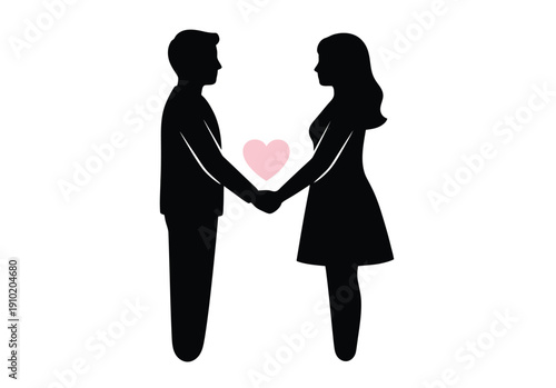 Couple Holding Hands with Heart in Simple Silhouette Design in Black and Pink Colors for Valentines Day