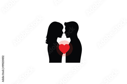 Couple Silhouettes with Heart in Simple Flat Design for Love