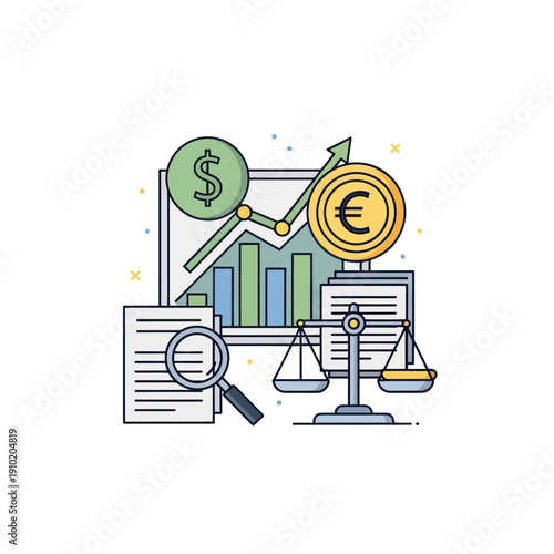 Financial analysis with currency growth, documents, and balance scale