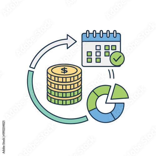 Financial planning cycle with money, calendar, and pie chart