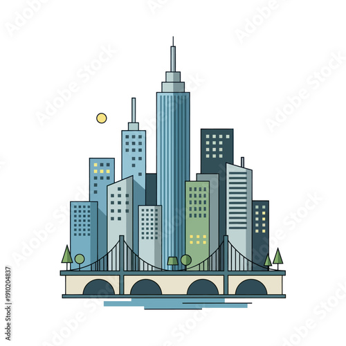 Flat design cityscape illustration with skyscrapers and suspension bridge