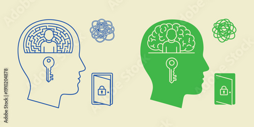 Blue and green human heads with keys and locks in brain