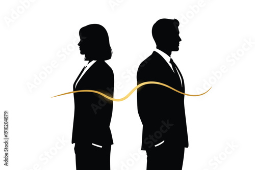 Business couple standing apart in minimalist silhouette with golden wavy line in soft white lighting for corporate branding