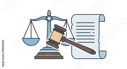 Gavel, scales of justice, and legal document icon