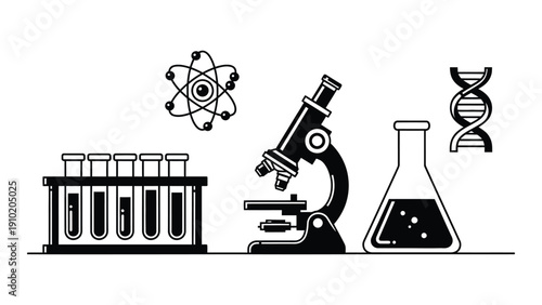 Scientific equipment and symbols representing various fields of science and research isolated on white background, Vector