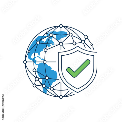 Global network security shield with checkmark on white background