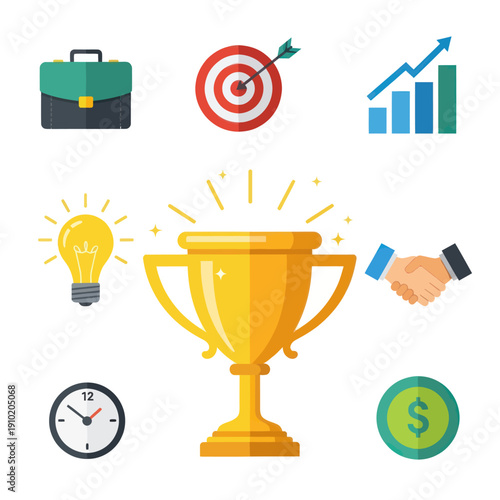 Golden trophy surrounded by key business success concept icons