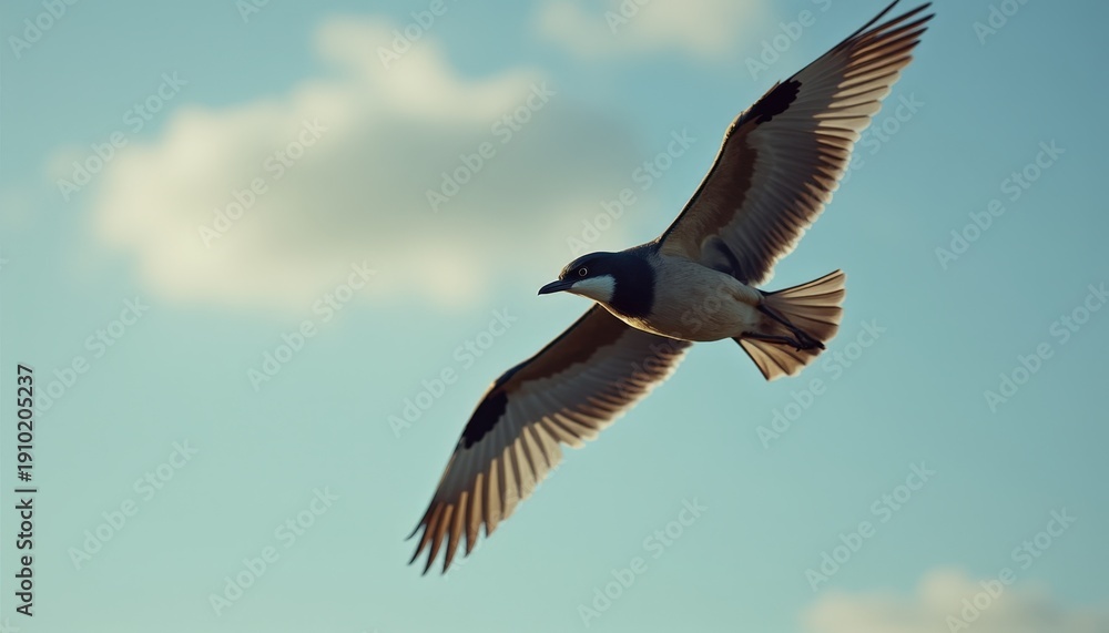 Obraz premium A single bird with outstretched wings soars against a clear blue sky with scattered clouds during daytime lighting