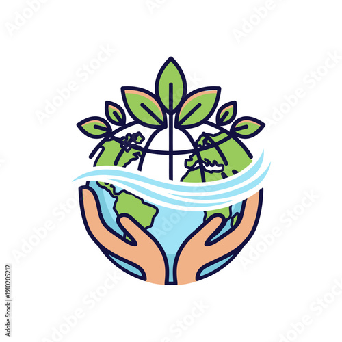 Hands holding Earth with growing leaves and water waves
