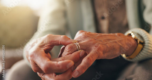 Принти на полотні Hands, thinking and wedding ring with senior person on sofa in living room for grief, loss or pain