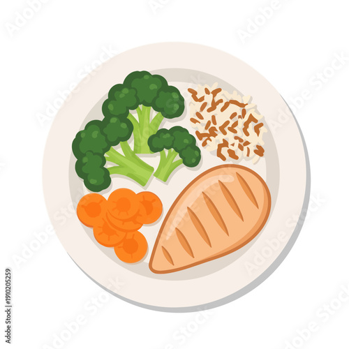 Healthy balanced meal plate with chicken, broccoli, carrots, and rice