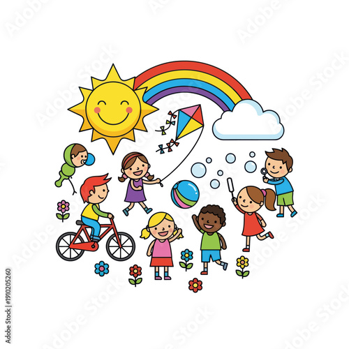 Happy children playing diverse outdoor games under sun and rainbow