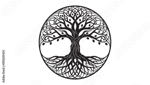 Intricate Tree of Life Circle Illustration with Interwoven Roots and Branches for Spiritual Branding, Tattoo Designs and Botanical Emblems
