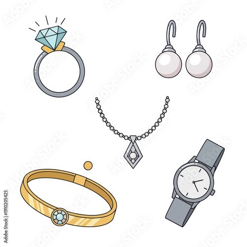 Jewelry set with ring, earrings, necklace, bracelet, and watch