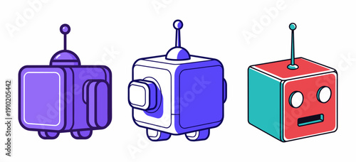 A collection of three distinct, stylized robot characters in various colors and designs, representing artificial intelligence and technology.