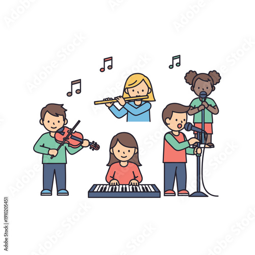 Kids playing musical instruments and singing together