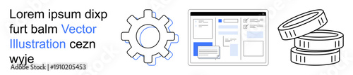 Technology, finance, software design, workflow, economy, innovation. Gear, web interface and coin icons in minimalistic design. Technology and finance as overarching concepts