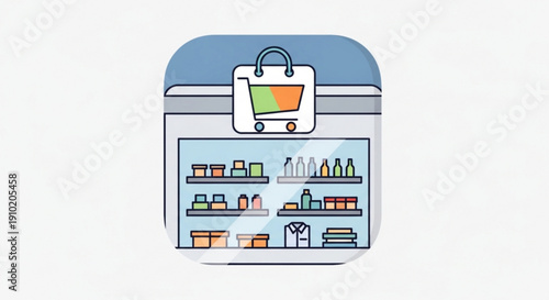 Colorful shopping cart icon on fridge with product shelves inside symbolizing online grocery shopping and e commerce