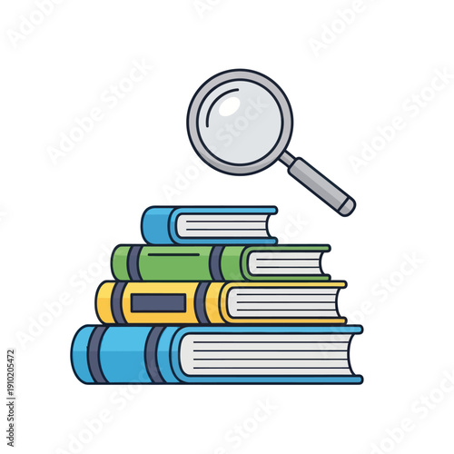 Magnifying glass over stacked colorful books illustration
