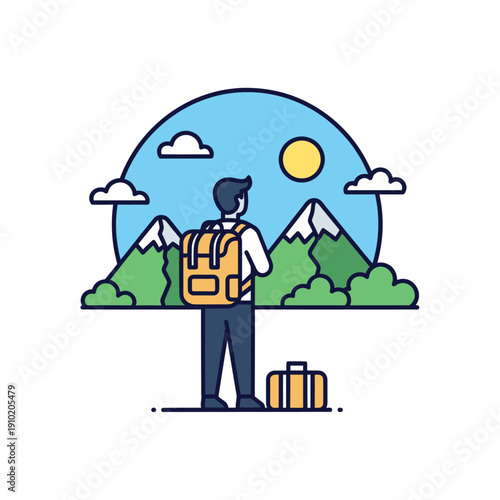 Man with backpack enjoying mountain view on sunny day