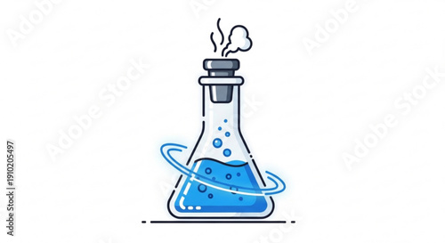 Steaming laboratory flask with blue liquid and swirling motion chemistry concept
