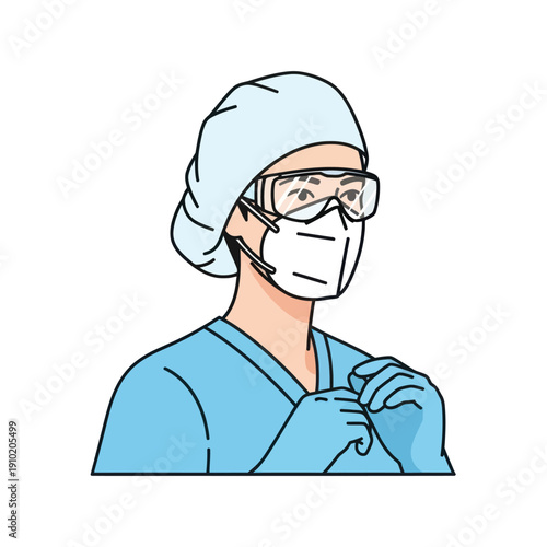 Medical professional in PPE adjusting gloves on white background