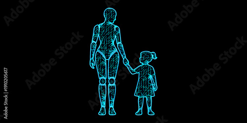AI Mother and Child Vector - Digital Mesh Nurturing Technology and Future Social Robotics Care Icon
